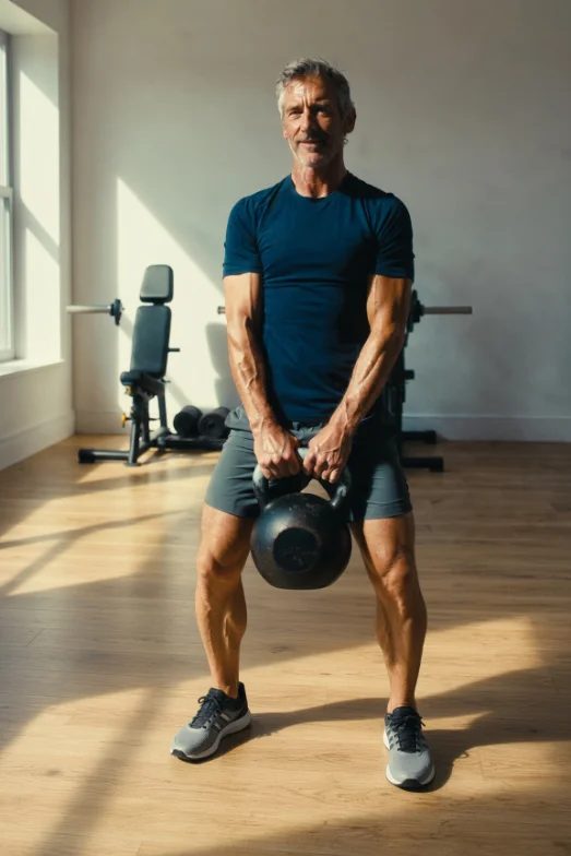 A man in his fifties lifting a kettlebell in a bright, quiet training studio